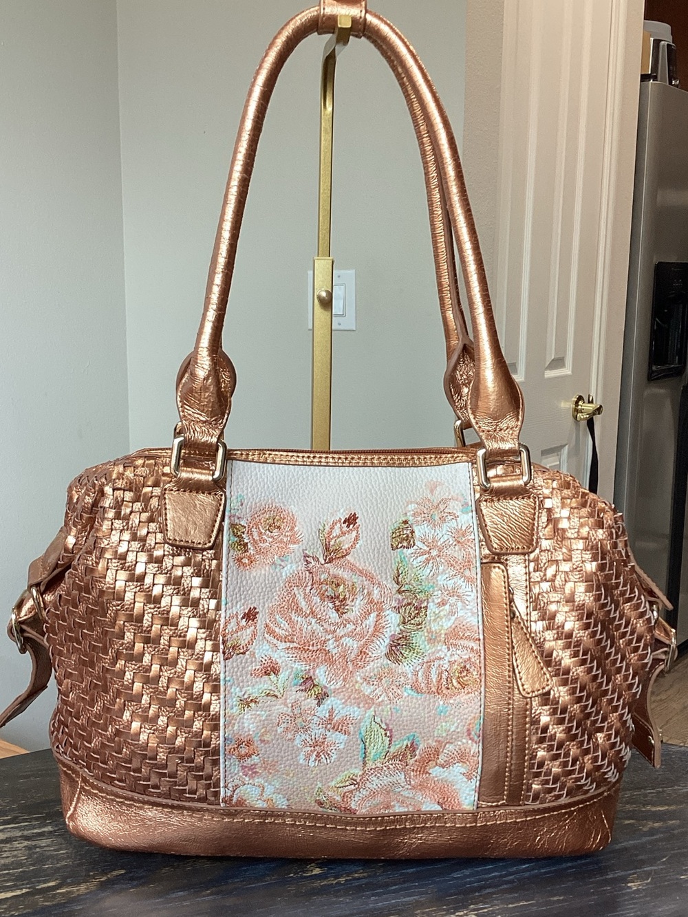 Sharif Rose Copper Woven Embroidered Floral Satchel - Picture 3 of 14